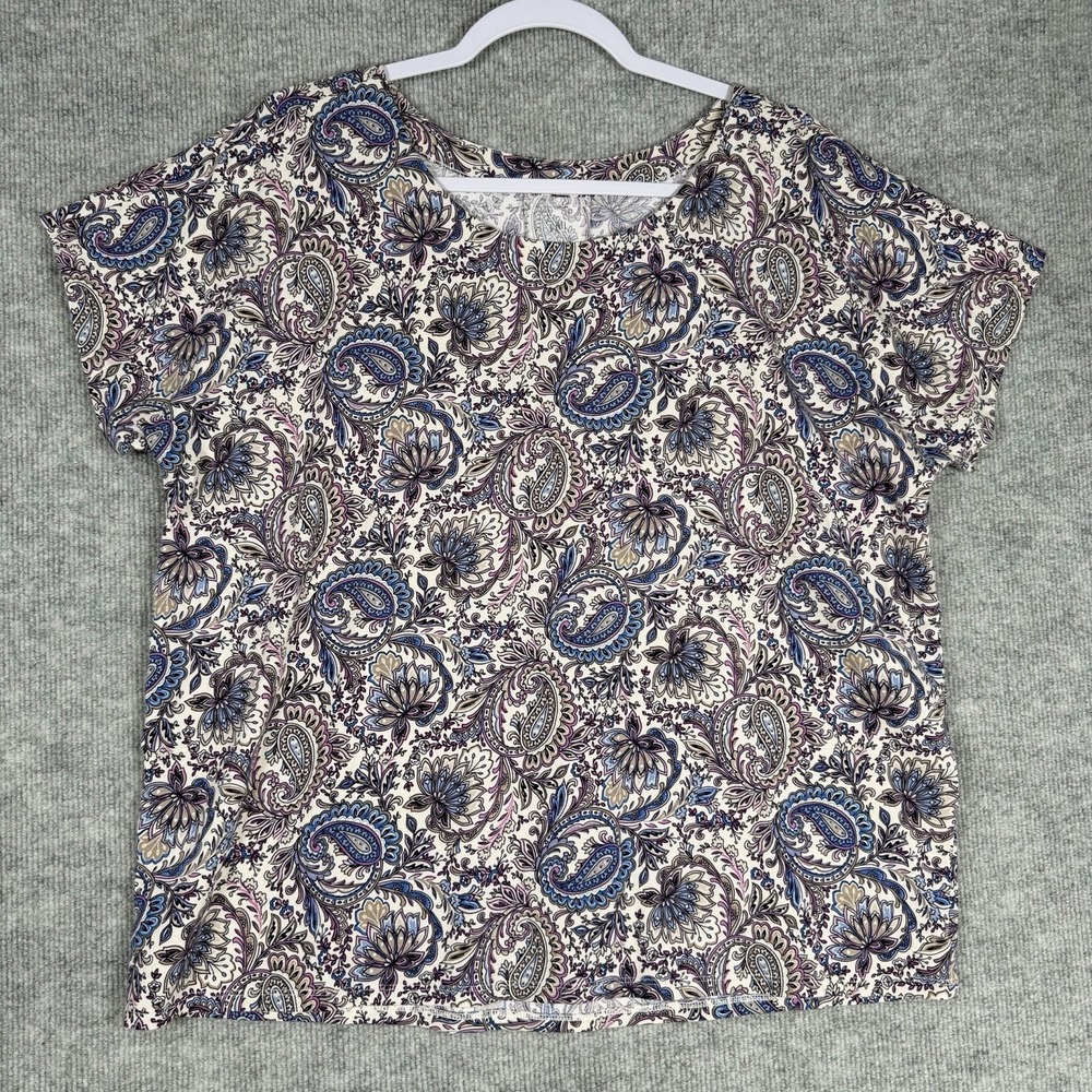 J Jill Size-L Women's Top Supima Cotton Short Sleeve Paisley Cap Sleeve